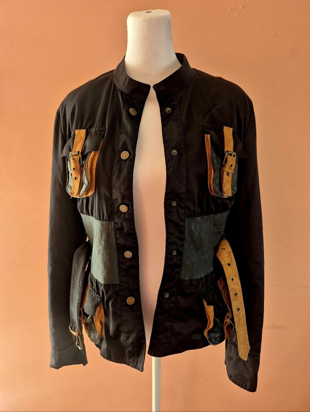 Alviero Martini Black Utility Jacket with Tan Accent Straps